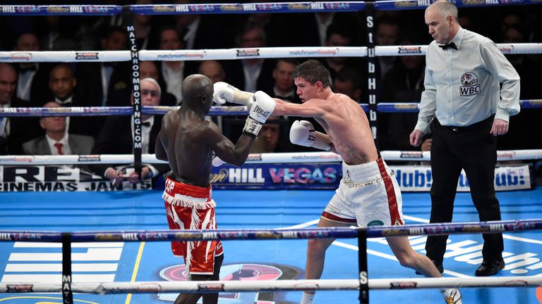 Luke Campbell MBE of Great Britain  (r) in boxing action against Yvan Mendy of France during the WBC International Lightweight title at The O2 Arena on December 12, 2015 in London, England.  (Photo by Leigh Dawney/Getty Images)