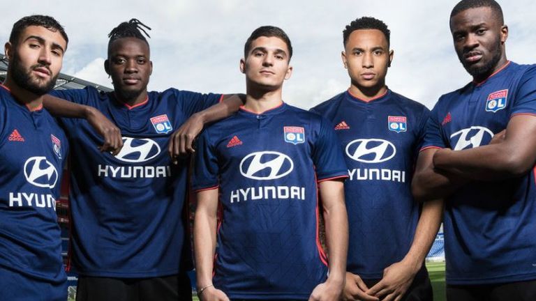 The new Lyon away kit is dark blue with a subtle graphic pattern