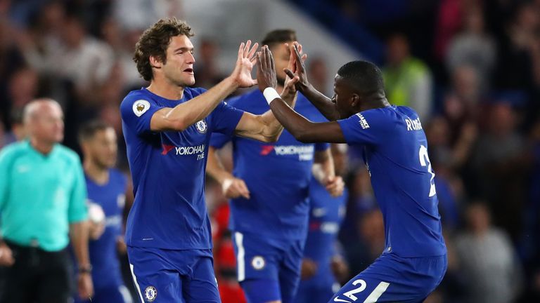 MArcos Alonso celebrates with Antonio Rudiger after equalising for Chelsea