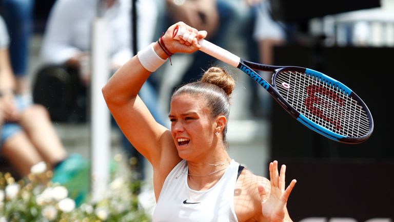 Maria Sakkari of Greece in action against Karolina Pliskova of Czech Republic during day four of the Internazionali BNL d'Italia 2018 tennis at Foro Italico on May 16, 2018 in Rome, Italy.