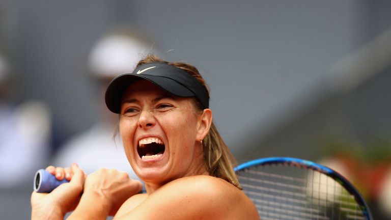 Maria Sharapova of Russia in action against Irina-Camelia Begu of Romania in their second round match during day three of the Mutua Madrid Open tennis tournament at the Caja Magica on May 7, 2018 in Madrid, Spain.