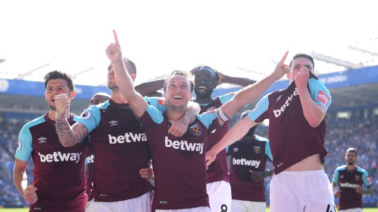 West Ham celebrate against Leicester City at The King Power Stadium on May 5, 2018