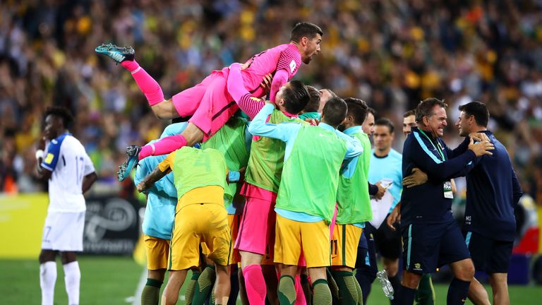 Mat Ryan celebrates Australia reaching the World Cup in Russia