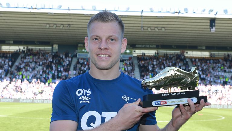 Derby County&#39;s Matej Vydra receives the Sky Bet Championship Golden Boot award