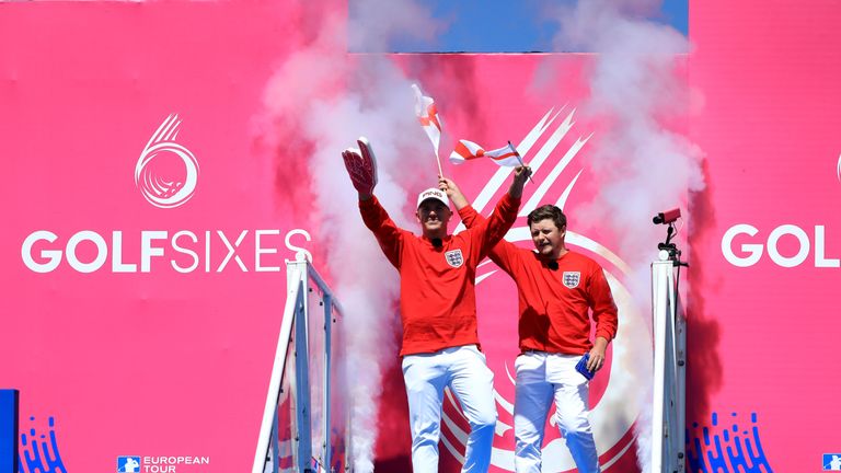 Matt Wallace and Eddie Pepperell of England are introduced to the crowd on Day One of the GolfSixes