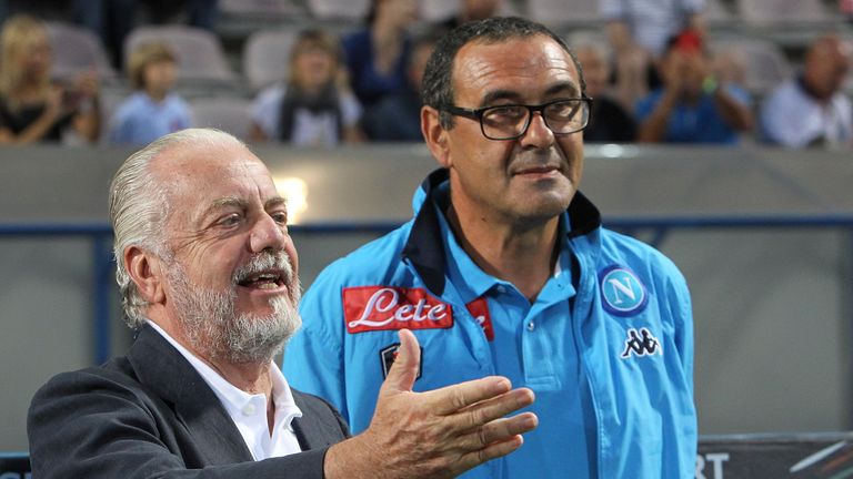 Maurizio Sarri and  Aurelio de Laurentiis during the Serie A match between US Sassuolo Calcio and SSC Napoli at Mapei Stadium - Citt.. del Tricolore on August 23, 2015 in Reggio nell'Emilia, Italy.