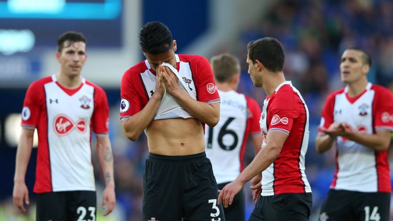 Southampton players react to conceding a stoppage time equaliser against Everton