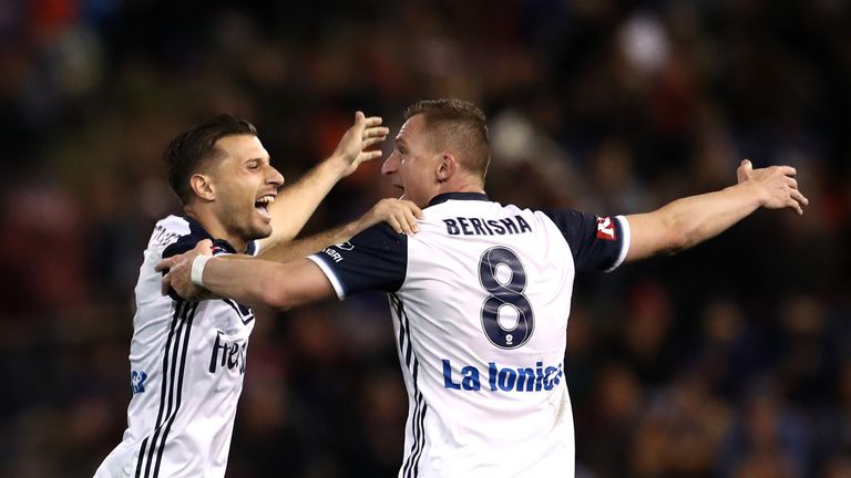 during the 2018 A-League Grand Final match between the Newcastle Jets and the Melbourne Victory at McDonald Jones Stadium on May 5, 2018 in Newcastle, Australia.