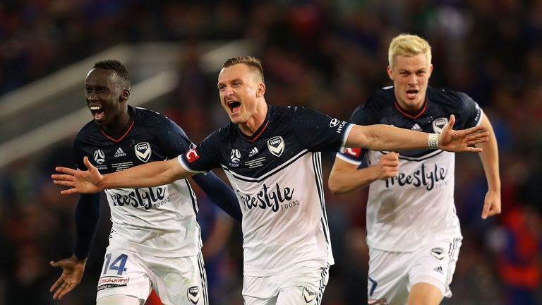 during the 2018 A-League Grand Final match between the Newcastle Jets and the Melbourne Victory at McDonald Jones Stadium on May 5, 2018 in Newcastle, Australia.