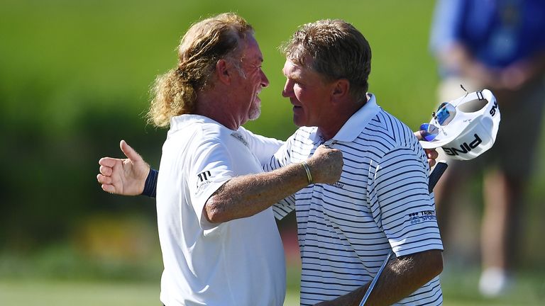 Miguel Angel Jimenez (L) and Paul Broadhurst during the final round of the Senior PGA Championship presented by KitchenAid at the Golf Club at Harbor Shores on May 27, 2018 in Benton Harbor, Michigan.