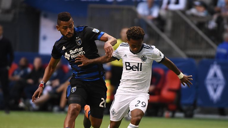 Vancouver Whitecaps midfielder Yordy Reyna (29) controls the ball against against the San Jose Earthquakes. (Picture courtesy of USA Today/MLS Soccer)