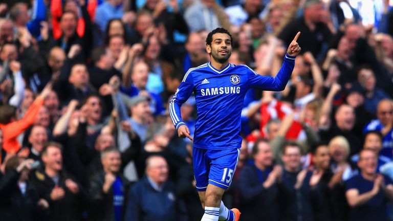 Mohamed Salah celebrates his first goal for Chelsea