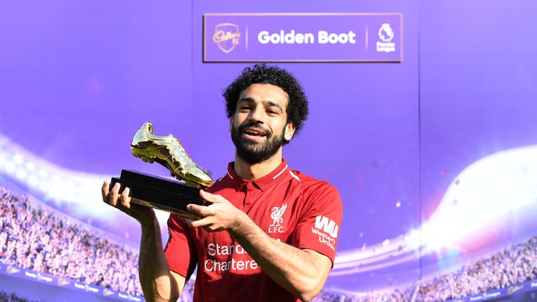 Mohamed Salah poses with his Premier League Golden Boot Award after the Premier League match against Brighton