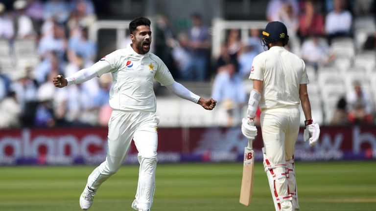 Mohammad Amir celebrates taking the wicket of Mark Wood
