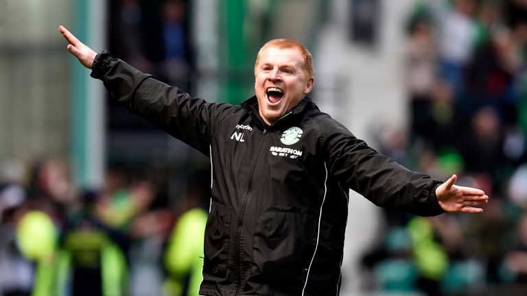 Hibs manager Neil Lennon celebrates as Jamie MacLaren makes it 5-5