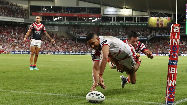 Nene Macdonald of the Dragons scores a try during the round eight NRL match between the St George Illawara Dragons and Sydney Roosters