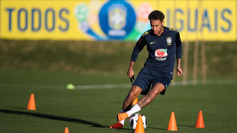 TERESOPOLIS, BRAZIL - MAY 22: Neymar in action during a training session of the Brazilian national football team at the squad's Granja Comary training complex on May 22, 2018 in Teresopolis, Brazil. (Photo by Buda Mendes/Getty Images)