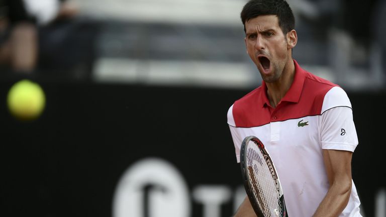 Serbia's Novak Djokovic reacts during the quarter final match against Japan's Kei Nishikori at Rome's ATP Tennis Open tournament at the Foro Italico, on May 18, 2018 in Rome