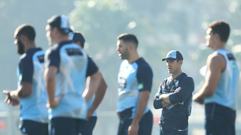Blues coach looks on during a New South Wales State of Origin training session