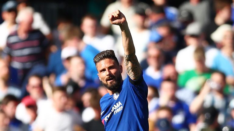 Olivier Giroud celebrates after giving Chelsea the lead at Stamford Bridge
