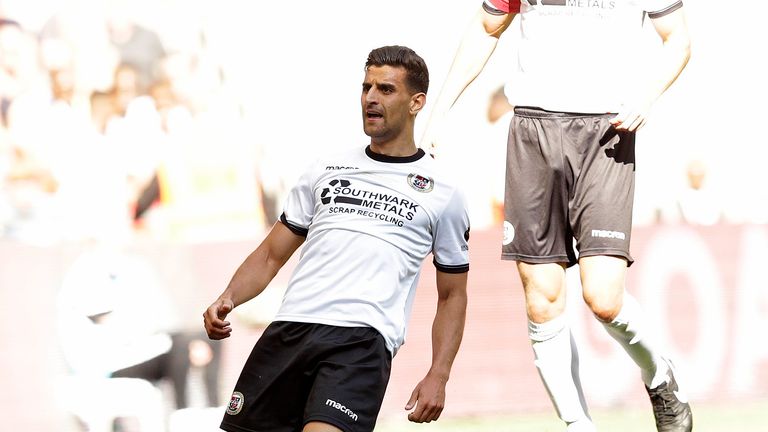 Omar Bugiel celebrates his opener for Bromley in the FA Trophy