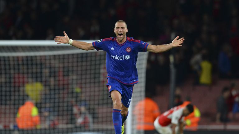 Pajtim Kasami celebrates after Olympiakos beat Arsenal 3-2 in the Champions League