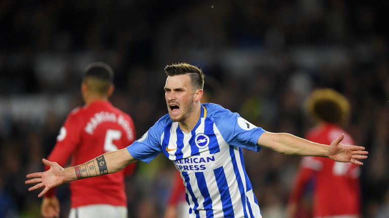 Pascal Gross celebrates his goal during the Premier League match between Brighton and Hove Albion and Manchester United at Amex Stadium on May 4, 2018 in Brighton, England.