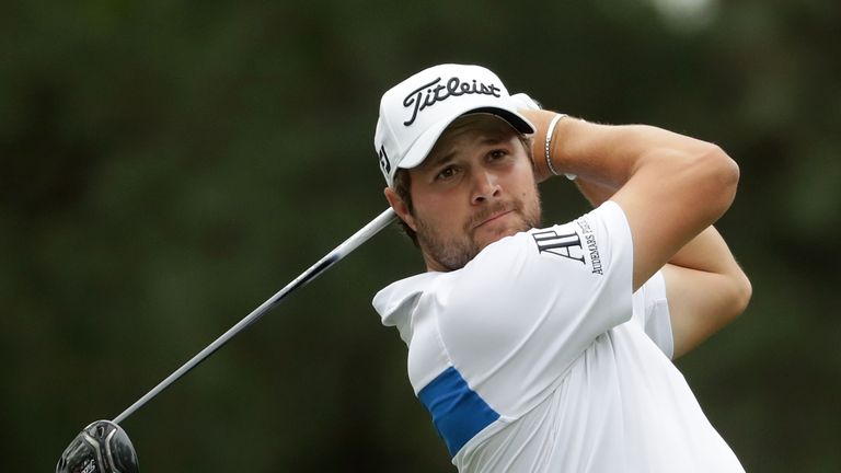 Peter Uihlein plays his tee shot on the 18th hole during the third round of the 2018 Wells Fargo Championship at Quail Hollow Club 