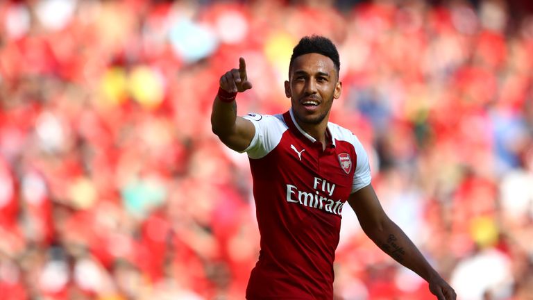 Pierre-Emerick Aubameyang celebrates after scoring the opening goal during the Premier League match between Arsenal and Burnley at Emirates Stadium