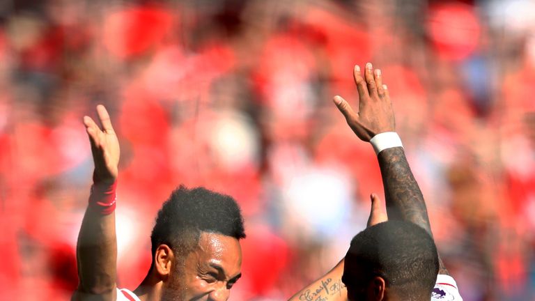 Pierre-Emerick Aubameyang celebrates his goal with Alexandre Lacazette