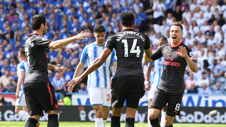 Pierre-Emerick Aubameyang celebrates his goal with Aaron Ramsey