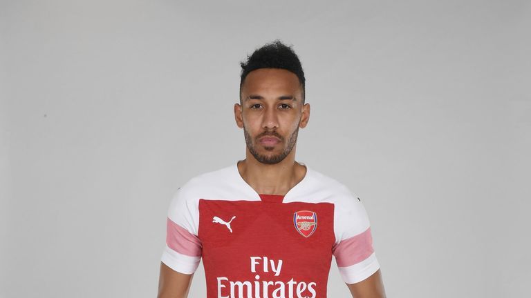 Pierre-Emerick Aubameyang in the new Arsenal home kit for the 2018/19 season.