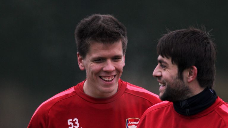 Wojciech Szczesny and Lukasz Fabianski have a laugh during the Arsenal Training Session at London Colney on December 15, 2010