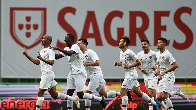 Joao Mario celebrates scoring for Portugal