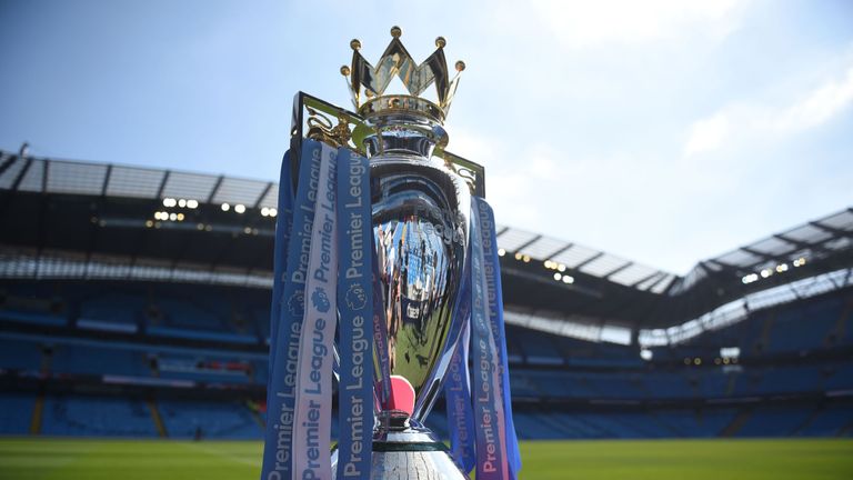 The Premier League trophy pictured before the Premier League match between Manchester City and Huddersfield Town at the Etihad Stadium on May 6, 2018