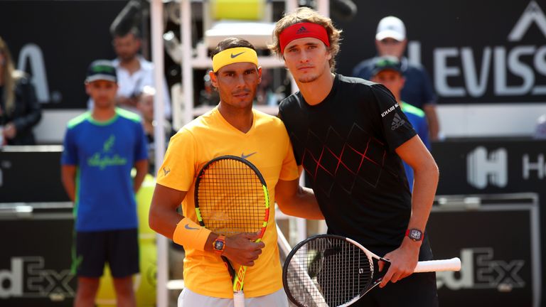 Rafael Nadal of Spain and Alexander Zverev of Germany pose for a photo prior to the Mens Singles final match between Rafael Nadal and Alexander Zverev on Day Eight of the The Internazionali BNL d'Italia 2018 at Foro Italico on May 20, 2018 in Rome, Italy.