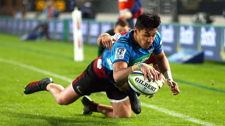 Rieko Ioane scoring for the Blues during Round 14 of Super Rugby