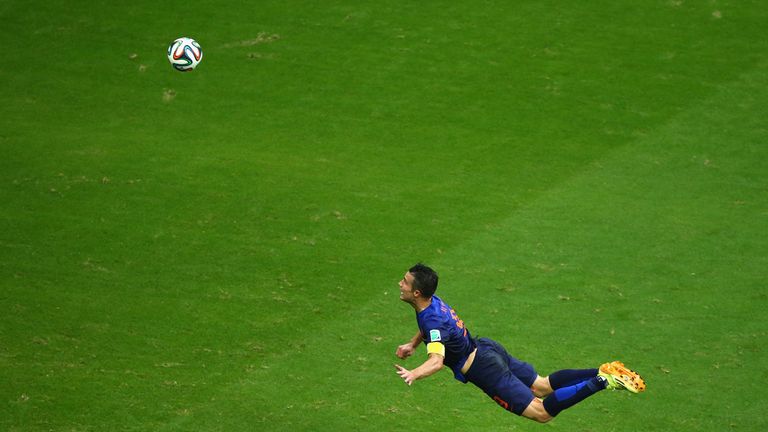 Robin Van Persie scores his famous leaping header against Spain at the 2014 World Cup
