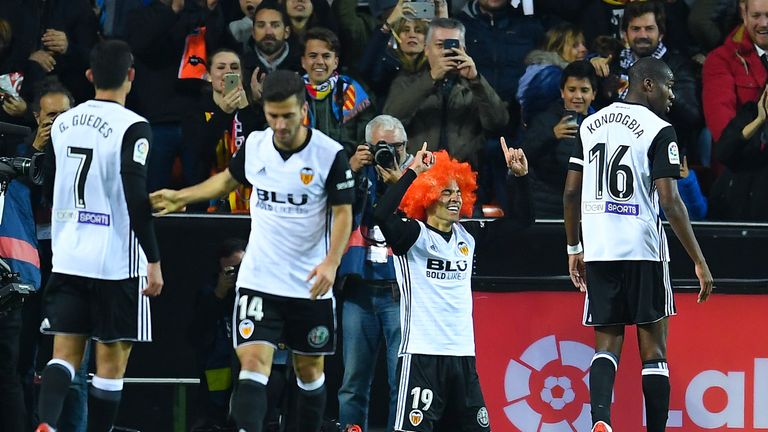 Rodrigo celebrates after scoring against Barcelona in November 2017