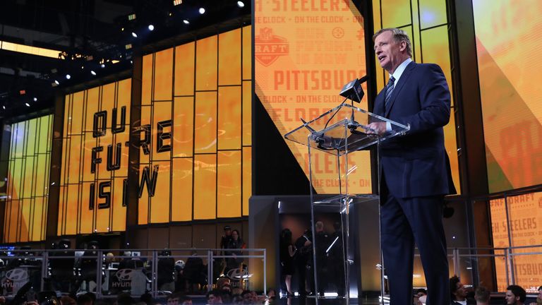 during the first round of the 2018 NFL Draft at AT&T Stadium on April 26, 2018 in Arlington, Texas.