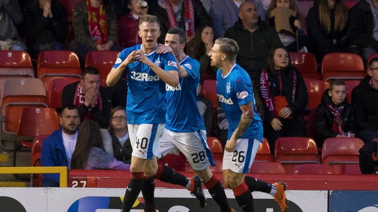 Ross McCrorie (L) celebrates his equaliser for Rangers at Aberdeen