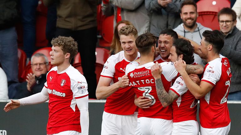 Rotherham United's Richard Wood (centre) celebrates 