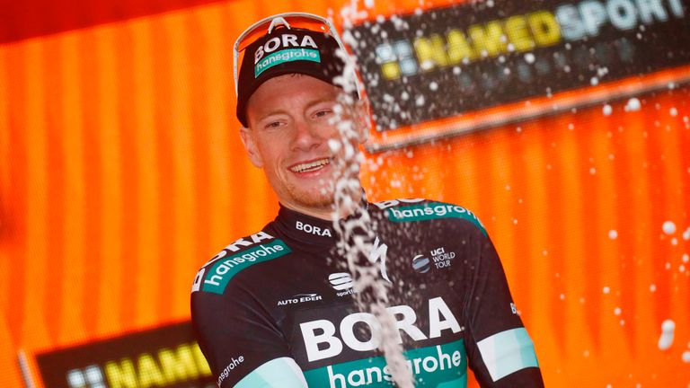 Ireland's Sam Bennett celebrates winning stage 12 of the Giro d'Italia in Imola