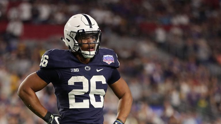 Saquon Barkley during the second half of the Playstation Fiesta Bowl at University of Phoenix Stadium on December 30, 2017 in Glendale, Arizona. The Nittany Lions defeated the Huskies 35-28. 
