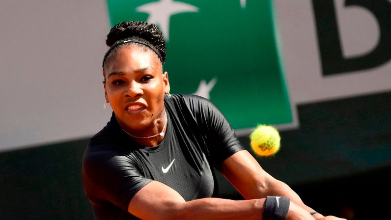 Serena Williams of the US plays a backhand return to Czech Republic's Kristyna Pliskova during their women's singles first round match on day three of The Roland Garros 2018 French Open tennis tournament in Paris on May 29, 2018. 