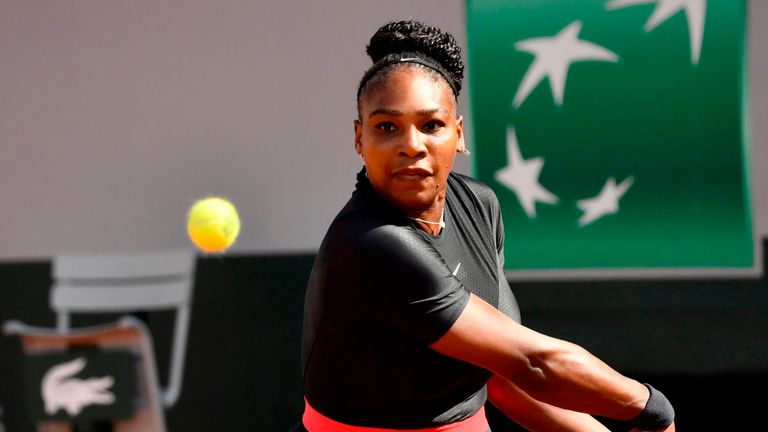 Serena Williams of the US plays a backhand return to Czech Republic's Kristyna Pliskova during their women's singles first round match on day three of The Roland Garros 2018 French Open tennis tournament in Paris on May 29, 2018