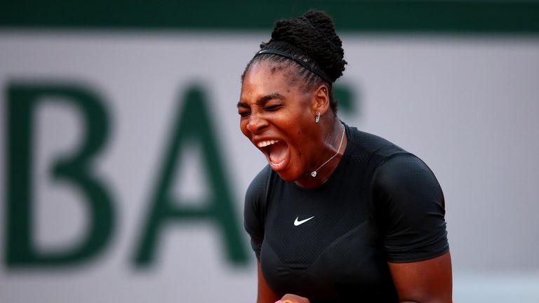 Serena Williams of The United States celebrates during the ladies singles second round match against Ashleigh Barty of Ausralia during day five of the 2018 French Open at Roland Garros on May 31, 2018 in Paris, France