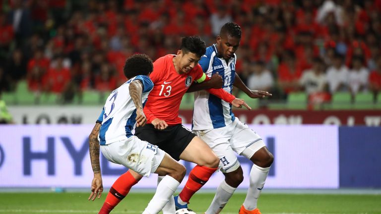 Son Heung-Min battles for the ball against Honduras