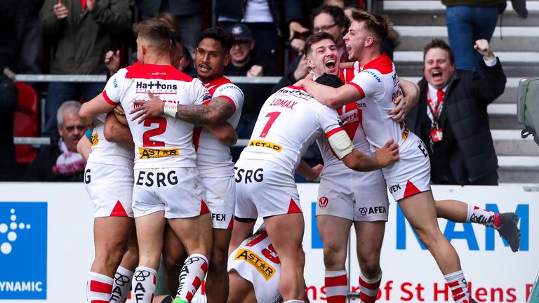 Picture by Alex Whitehead/SWpix.com - 30/03/2018 - Rugby League - Betfred Super League - St Helens v Wigan Warriors - Totally Wicked Stadium, St Helens, England - St Helens players celebrate Regan Grace's try.
