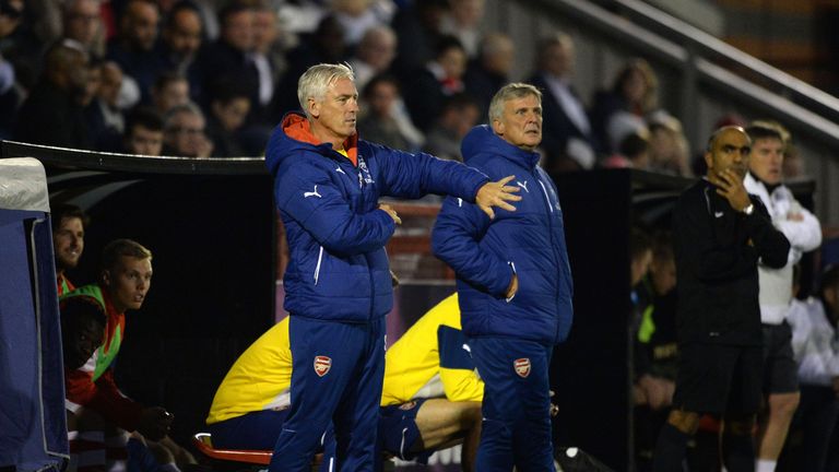BOREHAMWOOD, ENGLAND - SEPTEMBER 22:  Steve Gatting and Carl Laraman the Arsenal U21 Managers during the Barclays Premier U21 League match between Arsenal and Newcastle at Meadow Park on September 22, 2014 in Borehamwood, England.  (Photo by David Price/Arsenal FC via Getty Images)